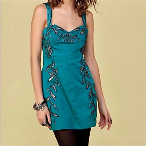 NWT FREE PEOPLE Teal Embellished Silk Strap Mini Cocktail Dress Small/Size 6 - Picture 1 of 6